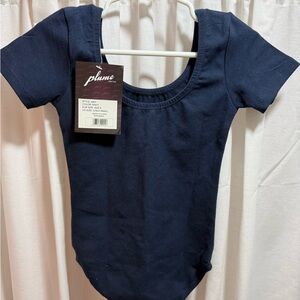 Plume Navy Short-Sleeve Girls Scoop Neck Leotard
